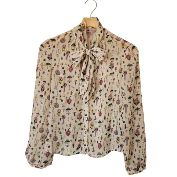 Subi Tops - Subi Sheer Cream Printed Blouse Bow Feminine Coquette Pretty Romantic Girly Cute